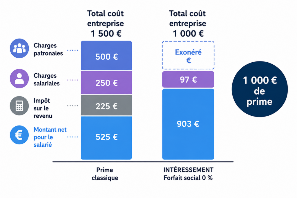 exemple-epargne-salariale-prime-1000-euros graphique représentant l'optimisation d'une prime de 1000 € avec l'épargne salariale.